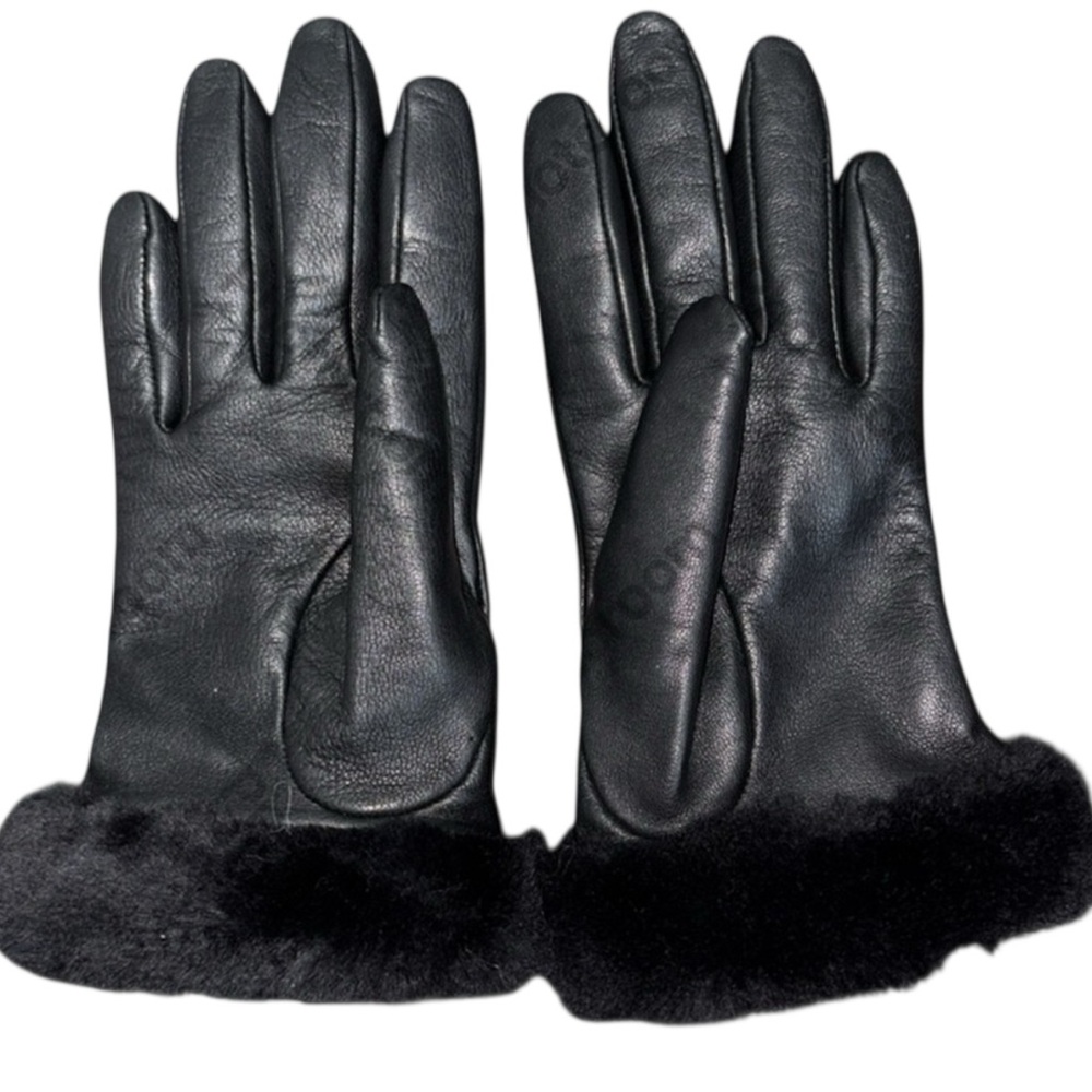 UGG Shorty Sheepskin Shearling-Cuff Black Leather Gloves Size Small - Picture 4 of 7